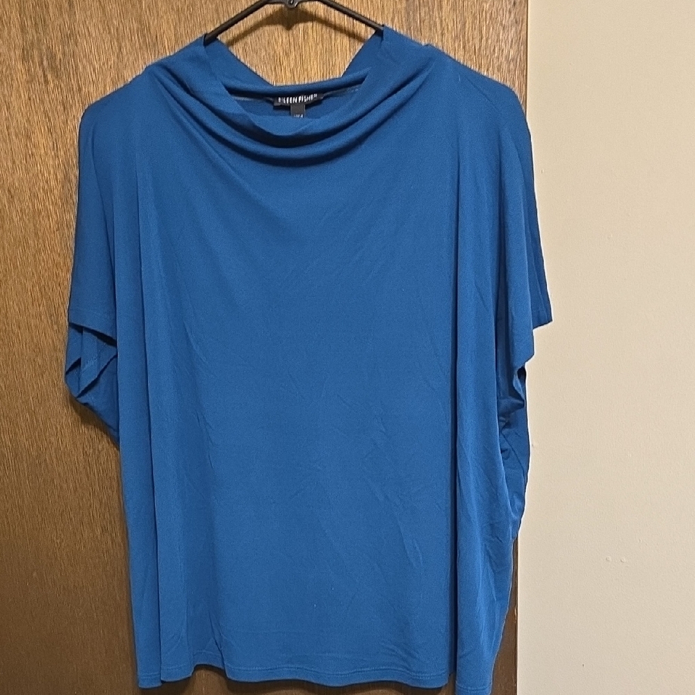 Eileen Fisher Blue Draped Neck Short Sleeve Top